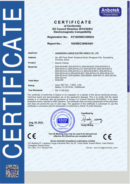 Chiny Guangzhou Langjie Electric Vehicle Co., Ltd. Certyfikaty